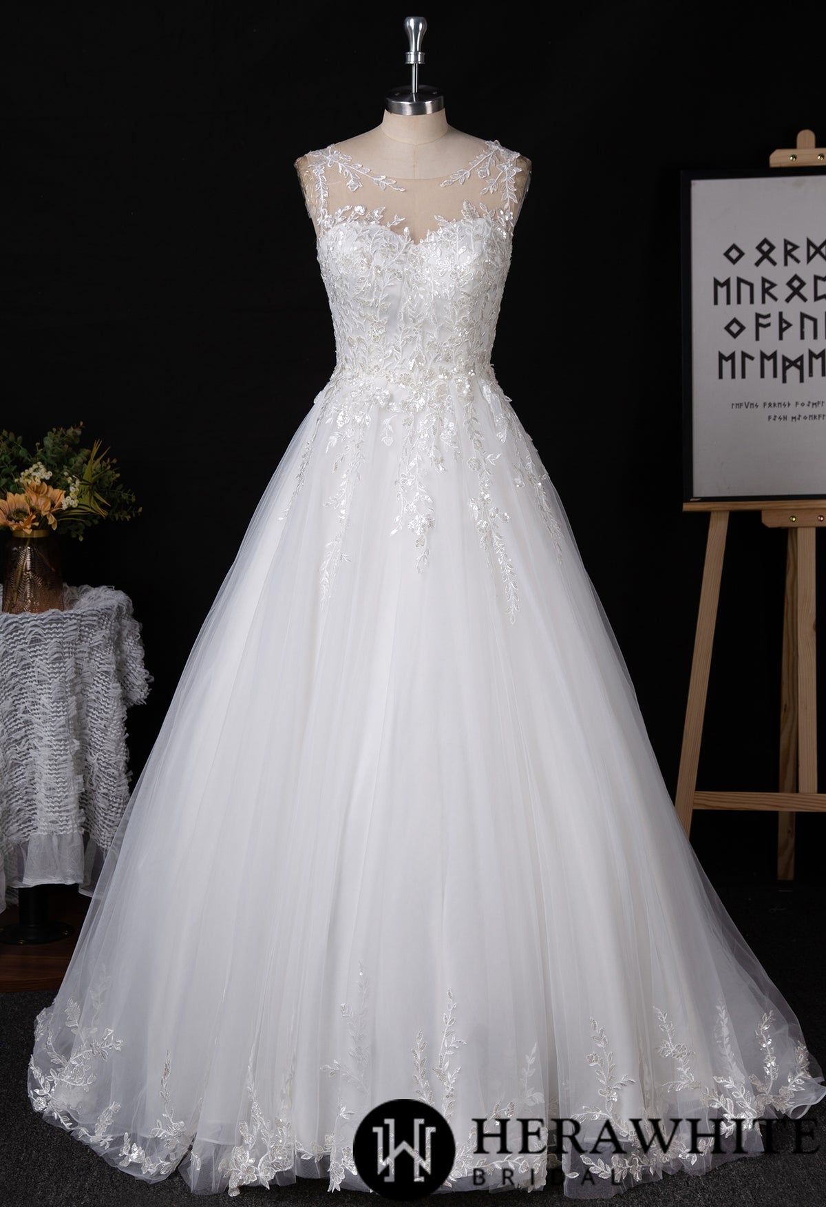 Shimmering Sequin Lace Bateau Wedding Gown