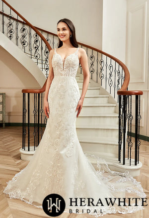 Sequin Beaded Illusion Back Wedding Dress With Long Lace Tulle Trian