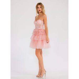 STRAPLESS COCKTAIL GOWN WITH LEAF LACE CORSET BODICE AND RUF
