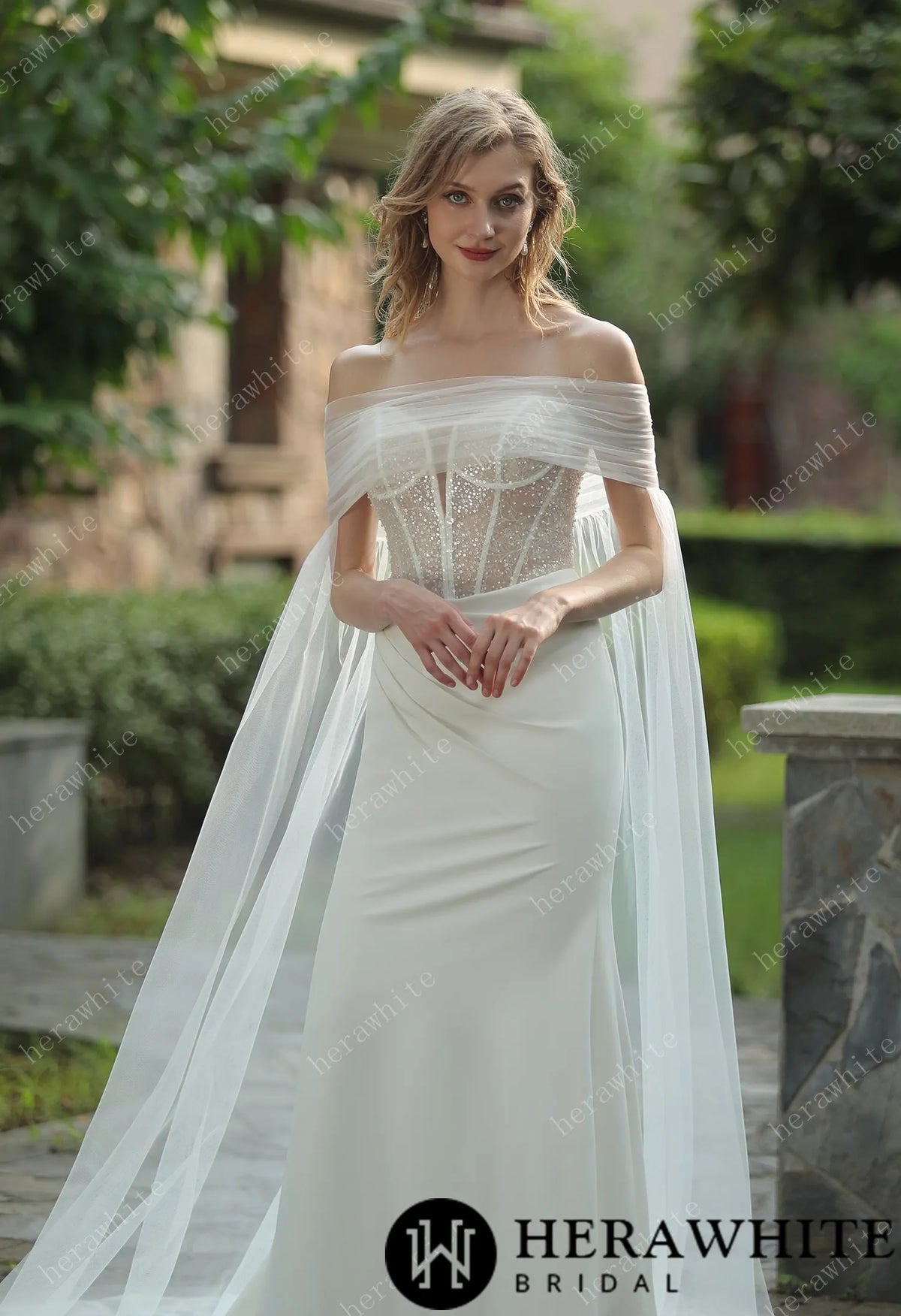 Plunging V-neck Beaded Crepe Fit And Flare Wedding Dress