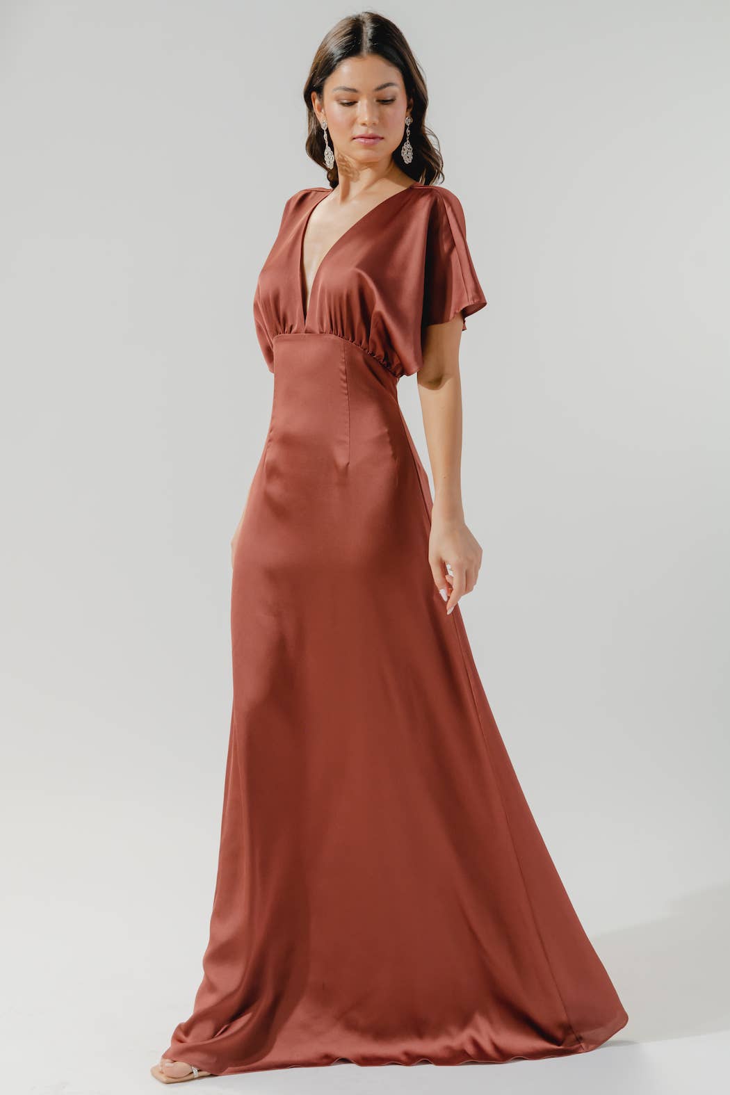 Darling Flutter Sleeve Cut Out Satin Maxi Dress: Black / XL