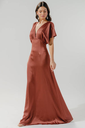 Darling Flutter Sleeve Cut Out Satin Maxi Dress: Black / XL