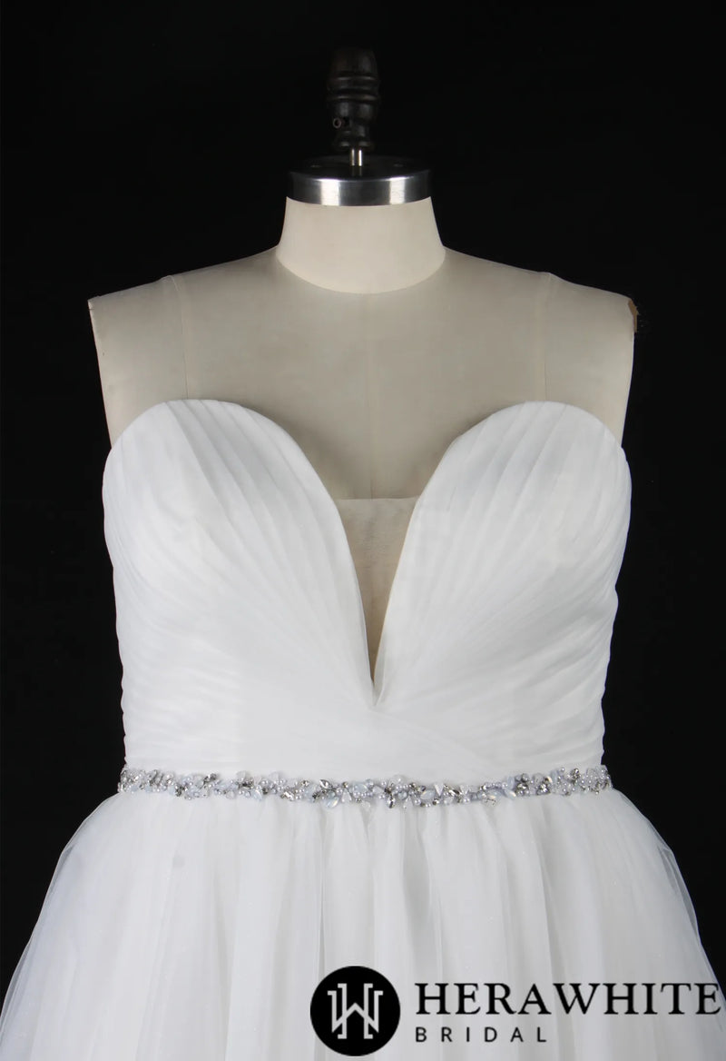 Deep V-Neck Pleated Bodice Tulle A-Line Wedding Dress
