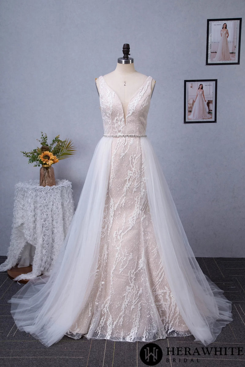 Plunging V-neckline Trumpet Wedding Dress With Detachable Overskirt