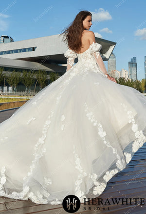 Strapless A-Line Floral Wedding Dress with Detachable sleeves