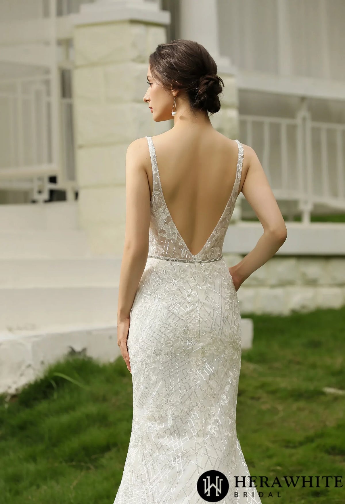 Glittery Fitted  Wedding Dress With Deep V Neckline