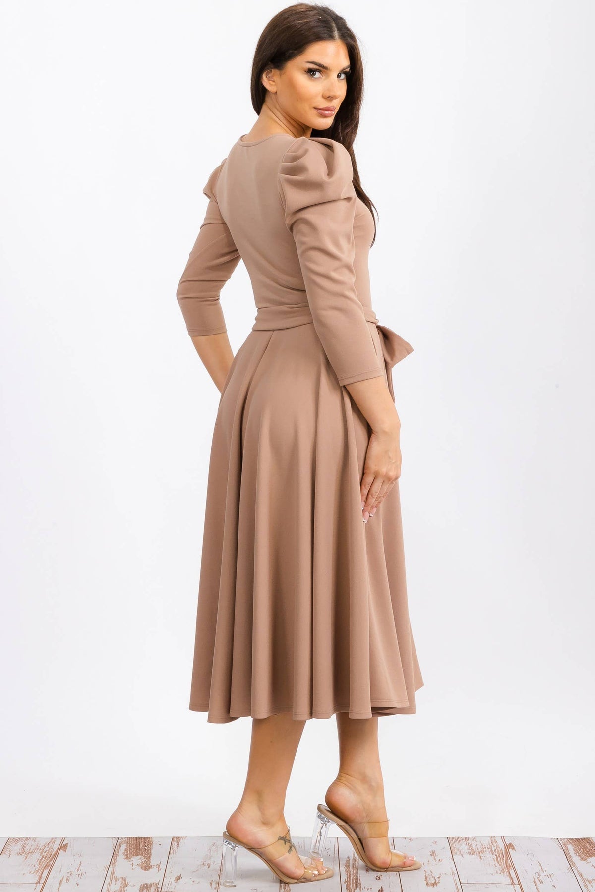 HH698X-LS-S - PUFF 3/4 SLEEVE MIDI COCKTAIL DRESS