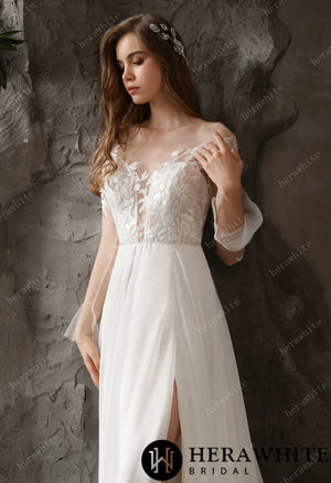 Chiffon Illusion Lace Bridal Dress with Dreamy A-line Skirt