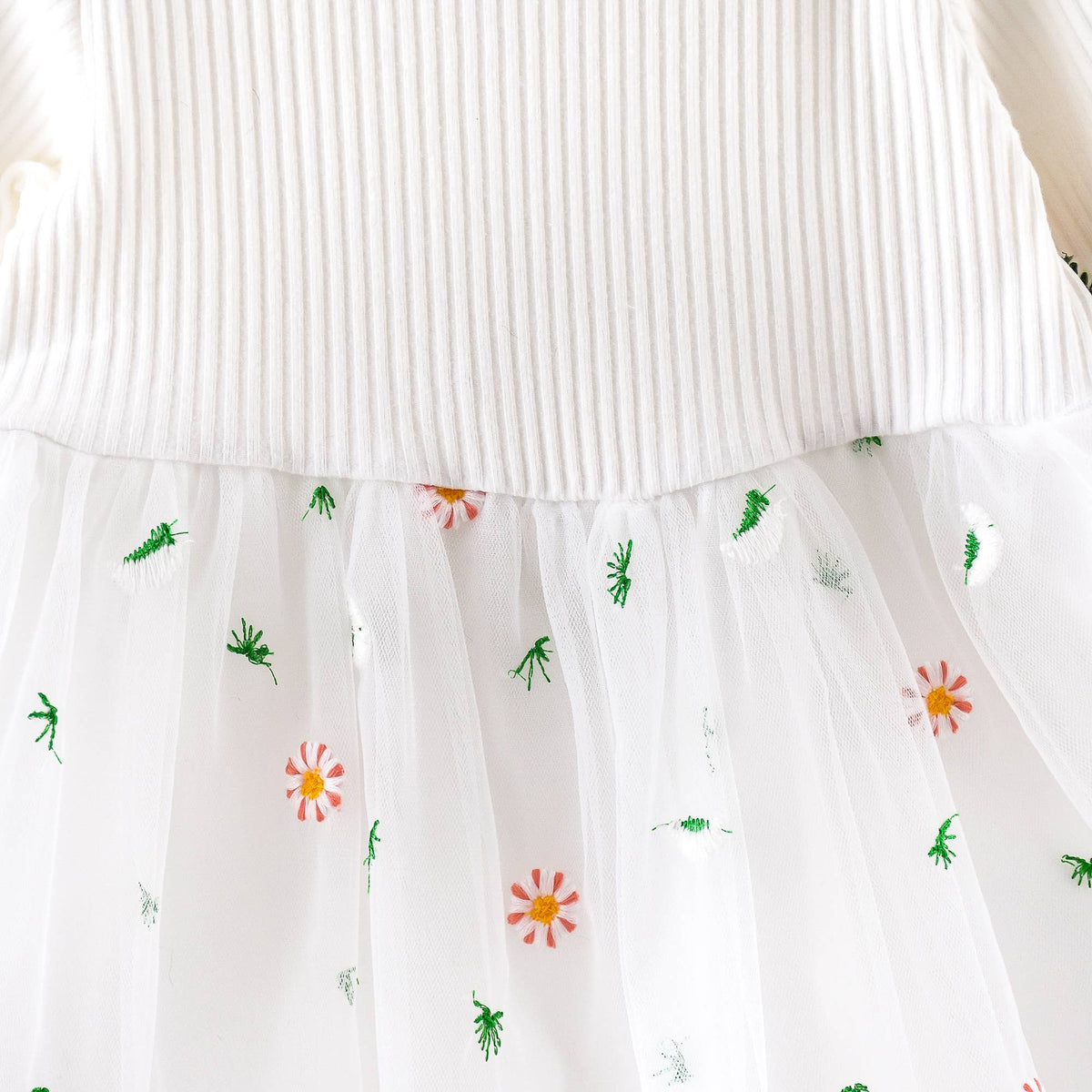 Baby Ribbed Long-sleeve Splicing Floral Embroider Dress