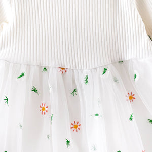 Baby Ribbed Long-sleeve Splicing Floral Embroider Dress