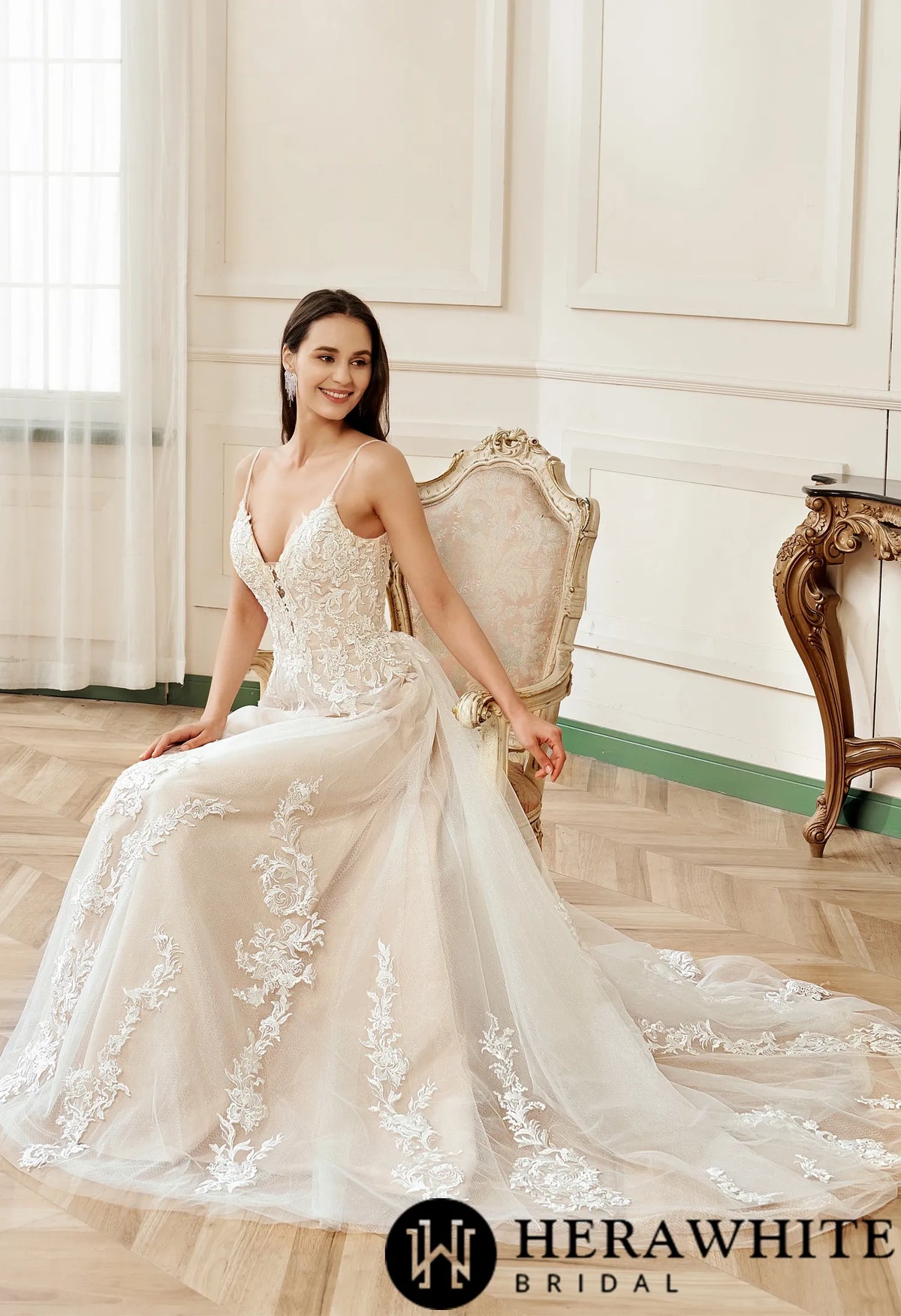 Gorgeous Blush V-neck Flower Lace A-Line Wedding Dress