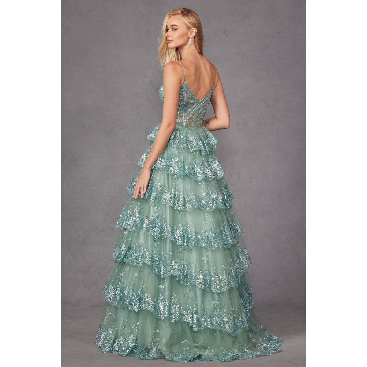 RUFFLE TULLE LACE SEQUIN BALL GOWN WITH SHEER CORSET BODICE