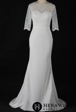 Crepe Long Sleeve Modest  Lace  Sheath Wedding Dress