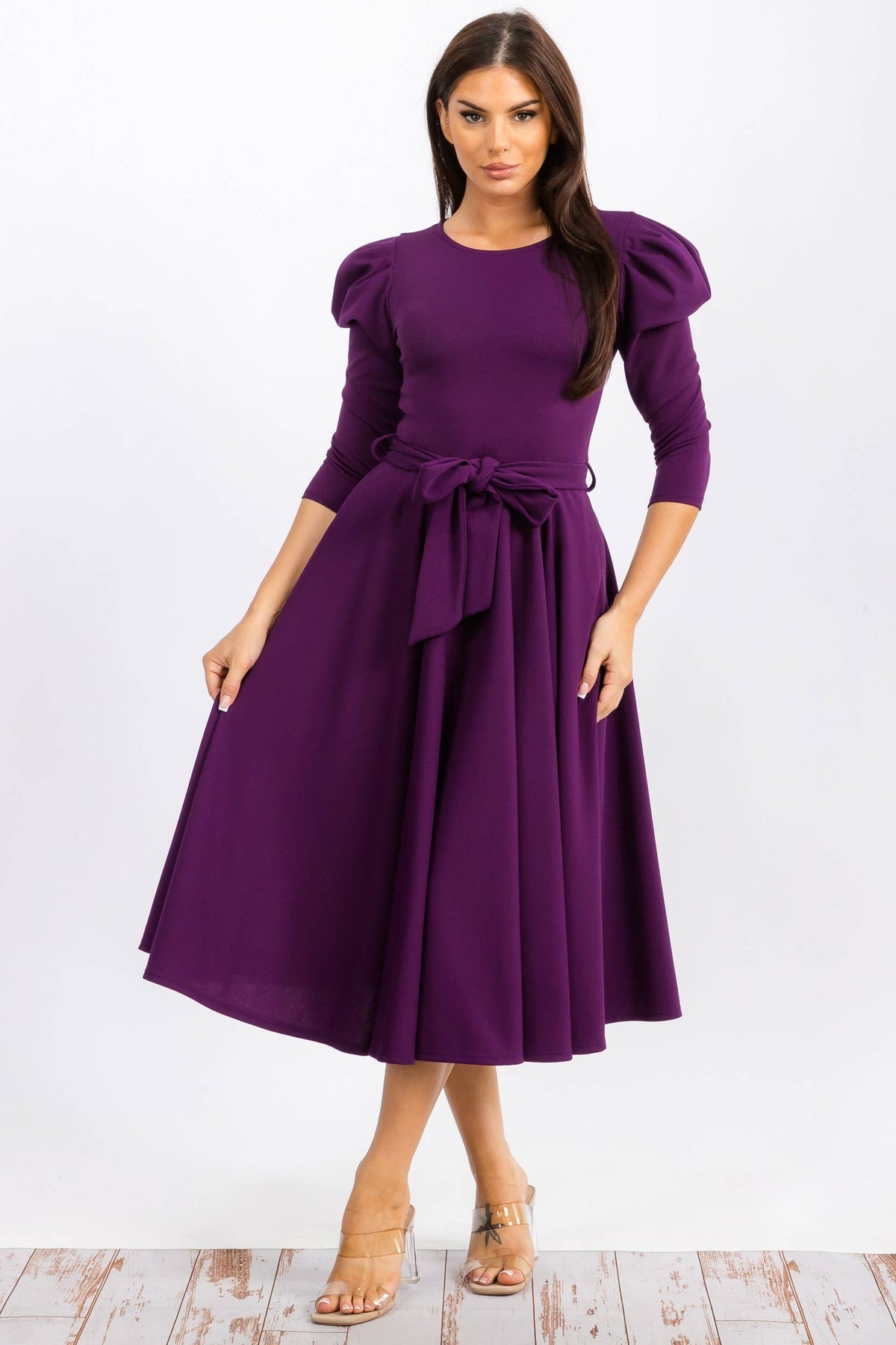 HH698R-LS-S- Puff 3/4 Sleeve Midi Cocktail Dress