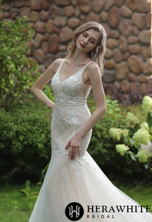 Plunging Sweetheart Beaded Mermaid Gown With Double Band
