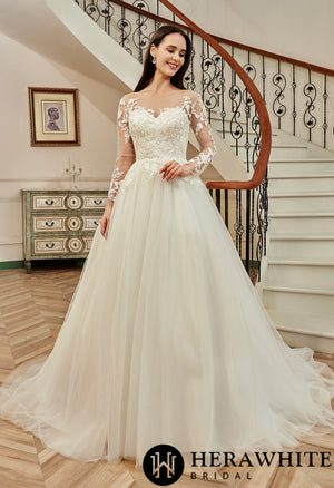 Illusion Long Sleeve Chapel Train Lace Wedding Dress
