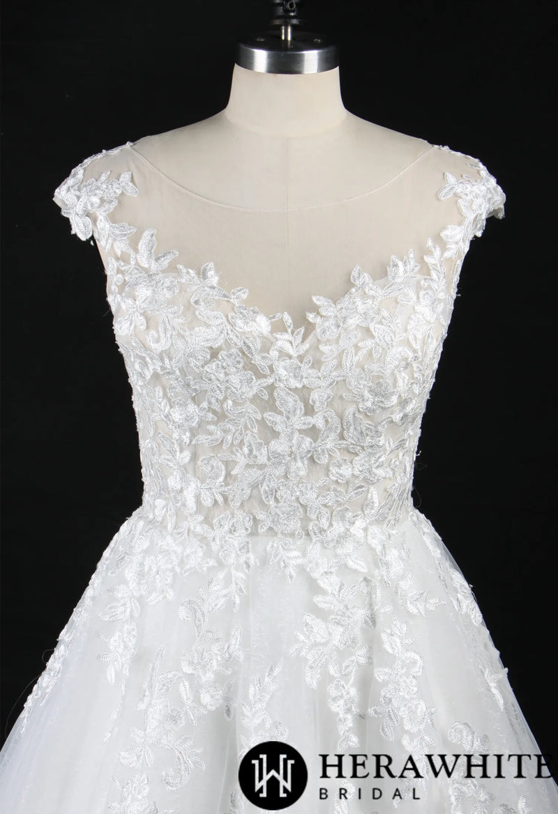 Illusion Cap Sleeve A-Line Wedding Dress