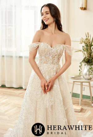 Floral Lace Sweetheart Sequin Tulle Wedding Dress With Detachable Straps
