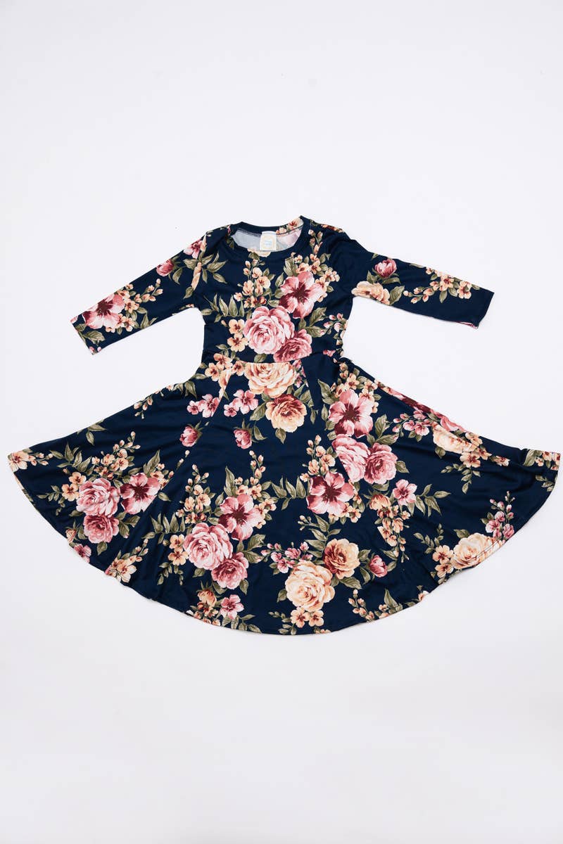 Girl's Princess Seam A-Line Dress with Full Skirt: MUSTARD FLORAL / XL (11/12Y)
