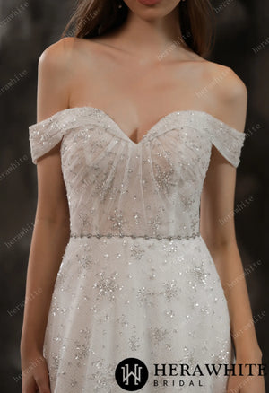 Sparkly Beaded Lace A-Line Bridal Gown With Off the Shoulder Neckline