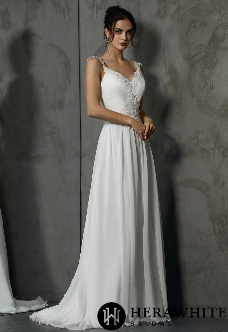 Stunning V Neckline Chiffon Wedding Dress With Beaded Appliques