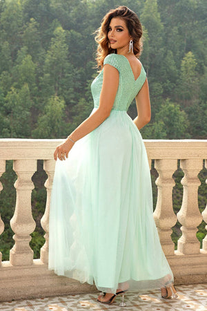 Sequin V-Neck Mesh Maxi Dress: Navy / XS