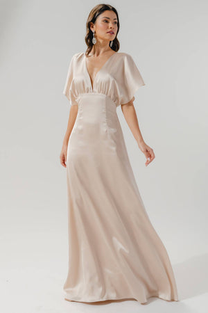 Darling Flutter Sleeve Cut Out Satin Maxi Dress: Black / XS