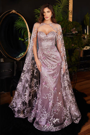 STRAPLESS FITTED GOWN WITH LACE CAPE