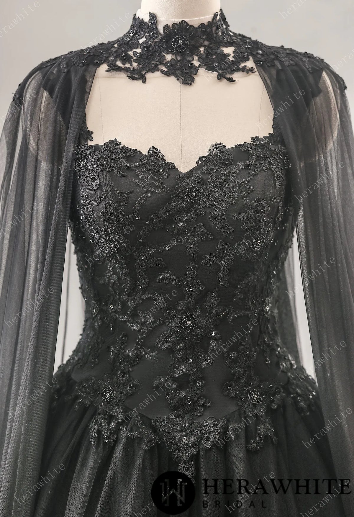 Relaxed A-Line Black Wedding Dress With Detachable Cape