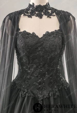 Relaxed A-Line Black Wedding Dress With Detachable Cape