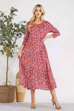 MAGENTA FLORAL TIERED MIDI-DRESS MISSY & PLUS SIZE -CD43848E