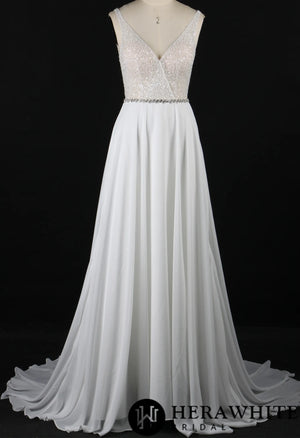 Crystal and beading V Neck Aline Chiffon Wedding Dress