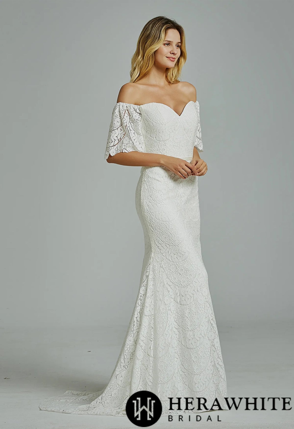 Floral Lace Off-the-shoulder  Sheath Wedding Dress