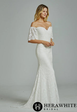 Floral Lace Off-the-shoulder  Sheath Wedding Dress