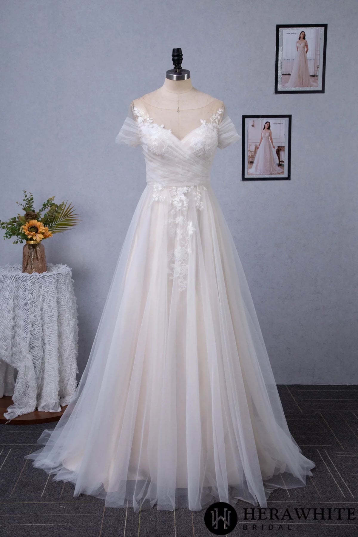 Romantic Off the Shoulder Illusion Pleated Bodice Tulle Bridal Gown