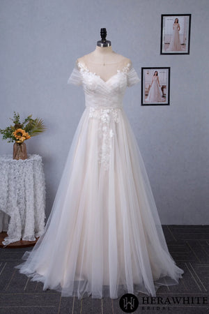 Romantic Off the Shoulder Illusion Pleated Bodice Tulle Bridal Gown