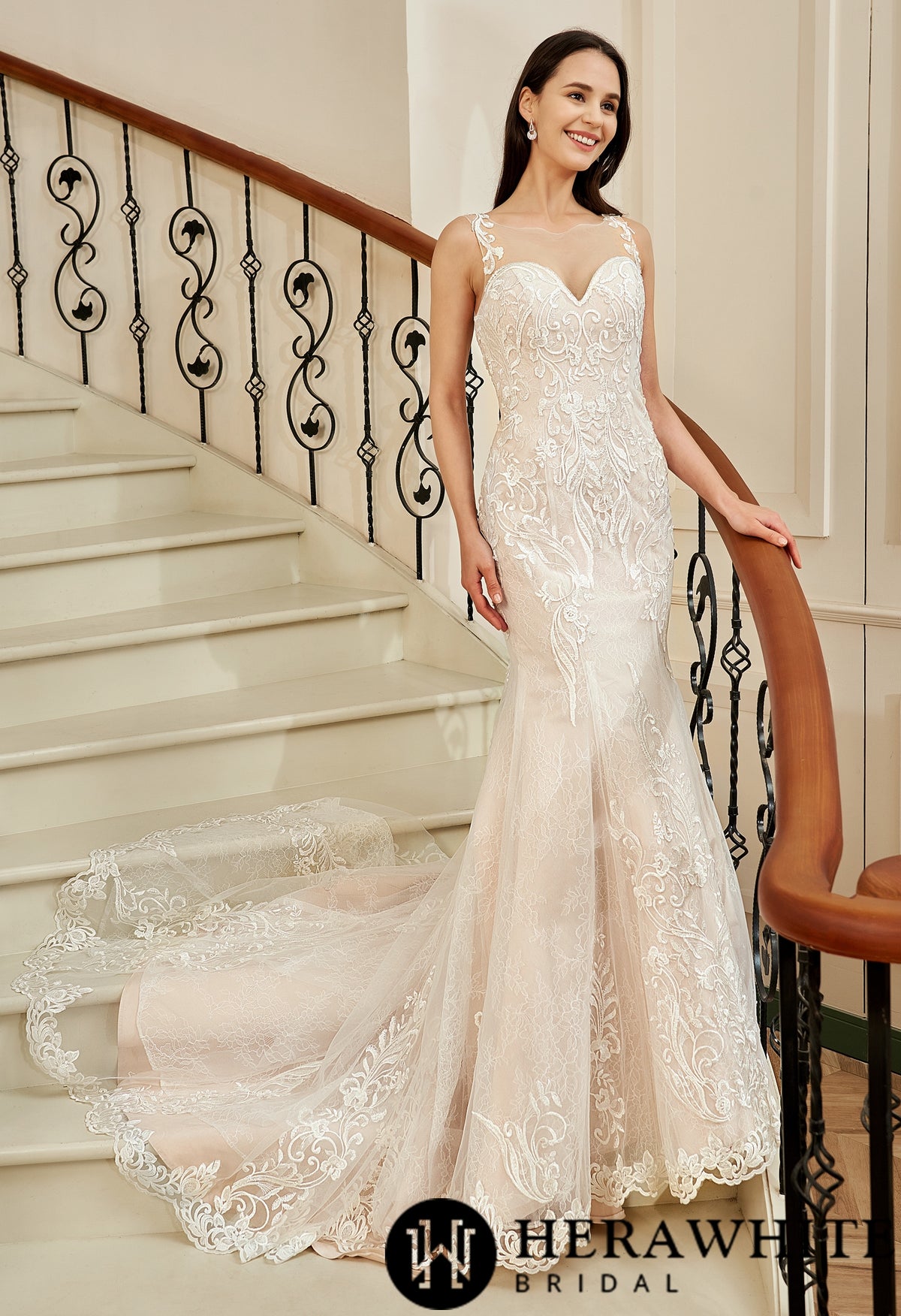 Blush Illusion Neckline Lace Appliques Mermaid Wedding Dress