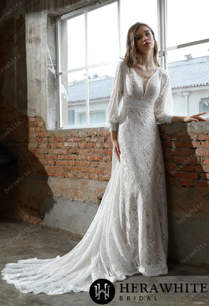 Unique Plunging V-neck Lace Bohemian wedding gown