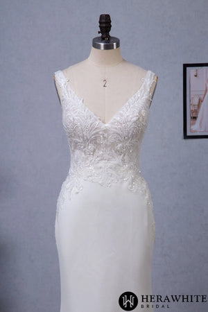 Motifs Crepe Sheath Shaped Court Lace Train Wedding Dress