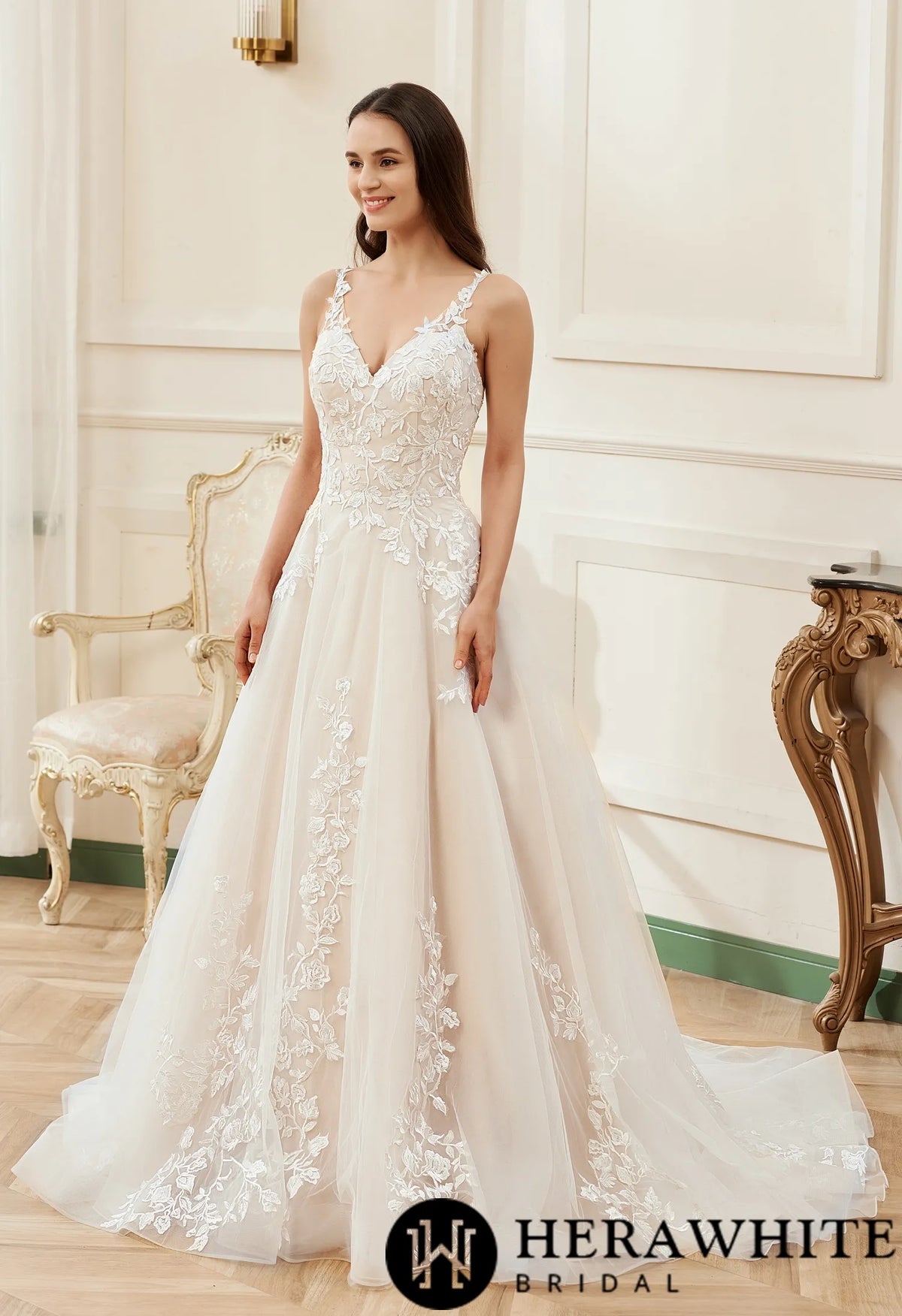 Pink Nude A-Line Floral Details With Illusion Straps Wedding Dress