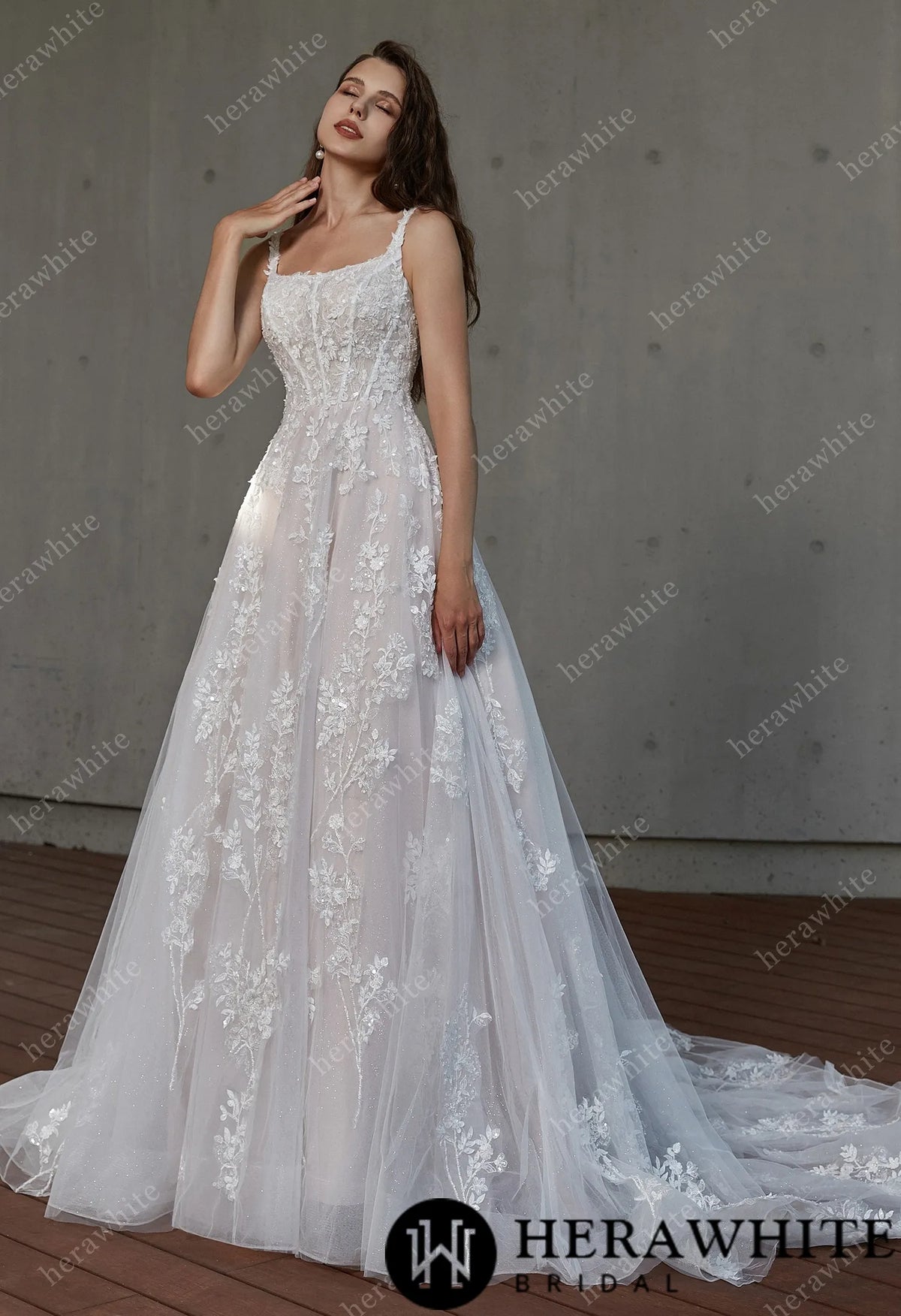 Square Neckline Delicate Bead Lace Wedding Dress
