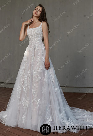 Square Neckline Delicate Bead Lace Wedding Dress