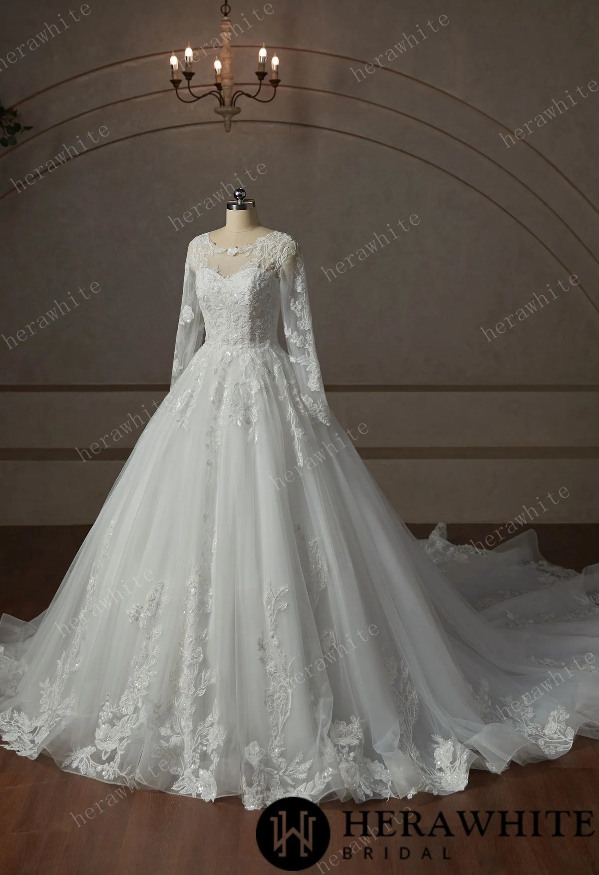 Modest Beaded Lace With Long Illusion Sleeves Ball Gown Wedding Dress