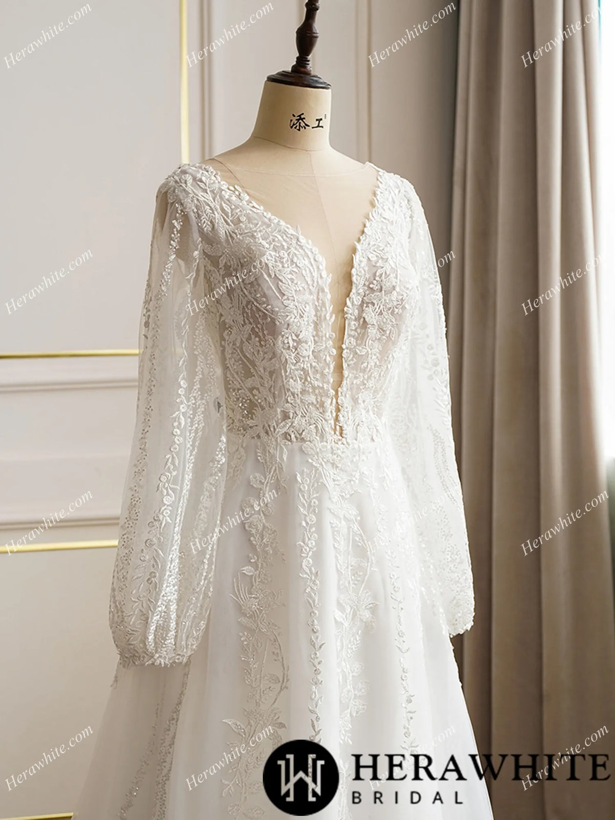 Lace Long Sleeve Plunging Neckline Wedding Dress