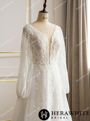 Lace Long Sleeve Plunging Neckline Wedding Dress