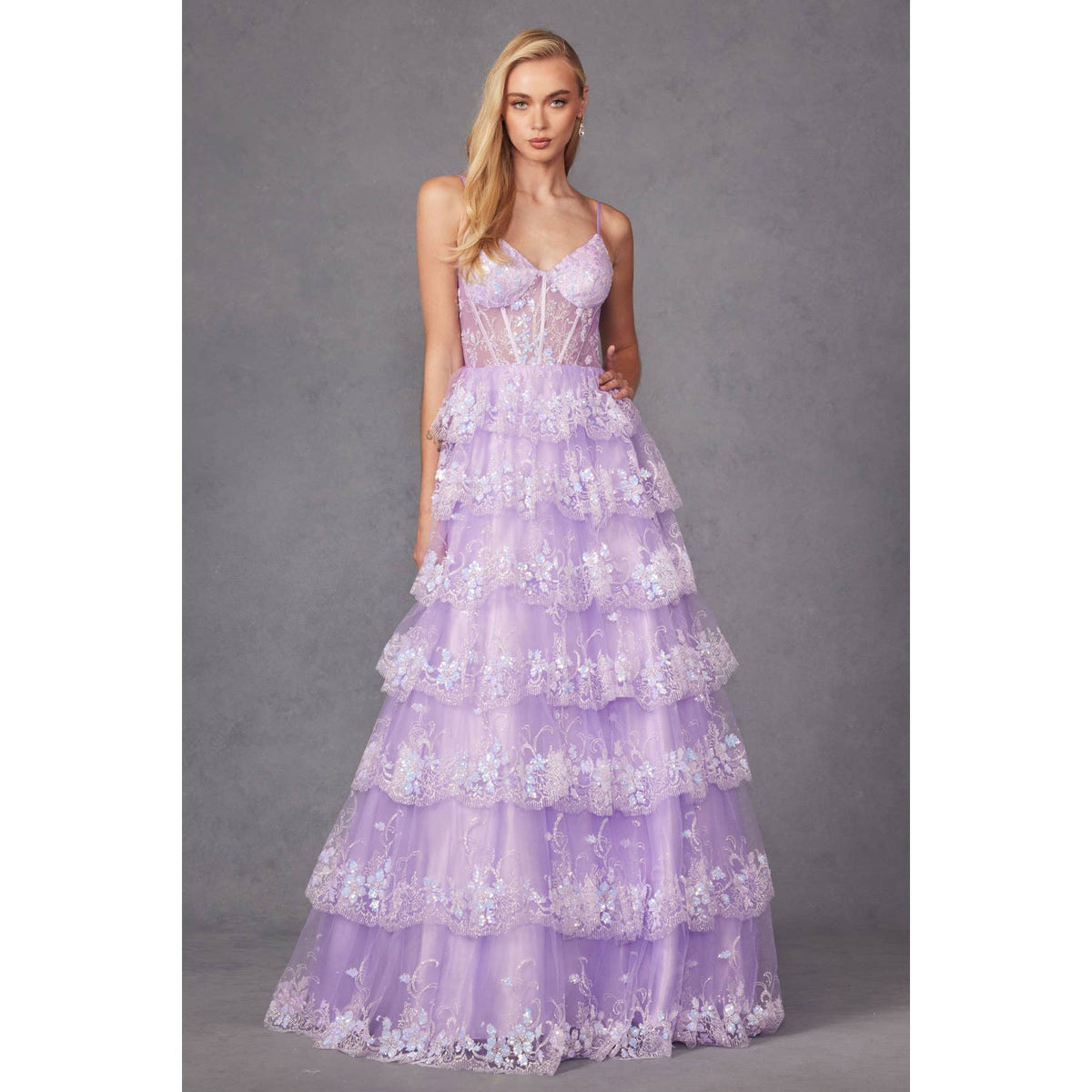RUFFLE TULLE LACE SEQUIN BALL GOWN WITH SHEER CORSET BODICE