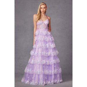 RUFFLE TULLE LACE SEQUIN BALL GOWN WITH SHEER CORSET BODICE