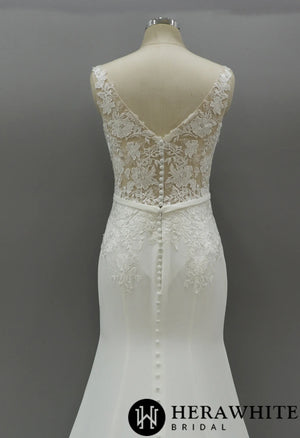 Illusion Hign Neckline Wedding Dress with Crepe Skirt