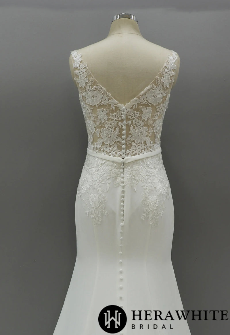Illusion Hign Neckline Wedding Dress with Crepe Skirt