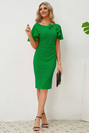 CWDMD1471_U-NECK RUFFLE SLEEVE SLIM FIT DRESS